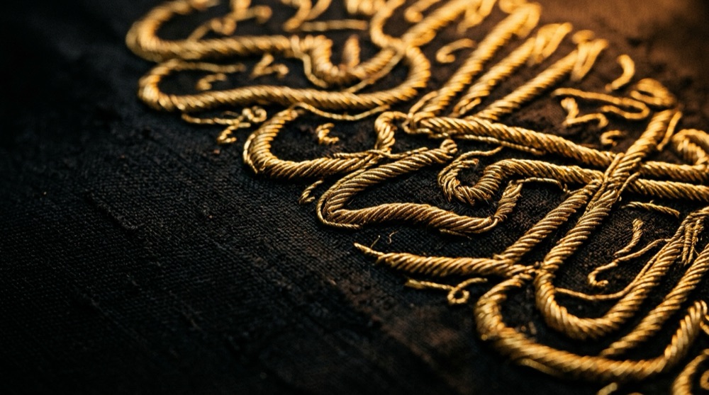 Fil d'or brodé sur soie noire