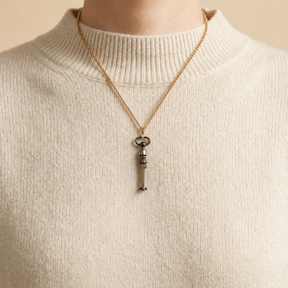 Le pendentif de 4 cm sur sa chaîne dorée